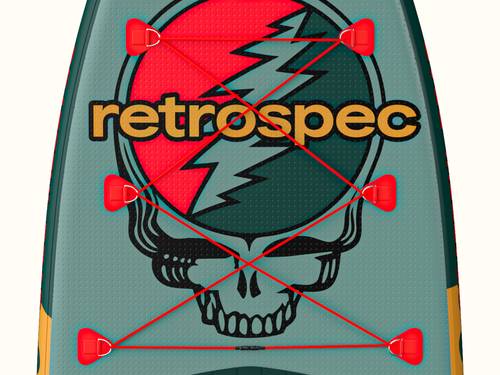 Top view of a teal paddleboard featuring a red and green Grateful Dead "Steal Your Face" skull and lightening bolt graphic, and 'retrospec' text in bold.