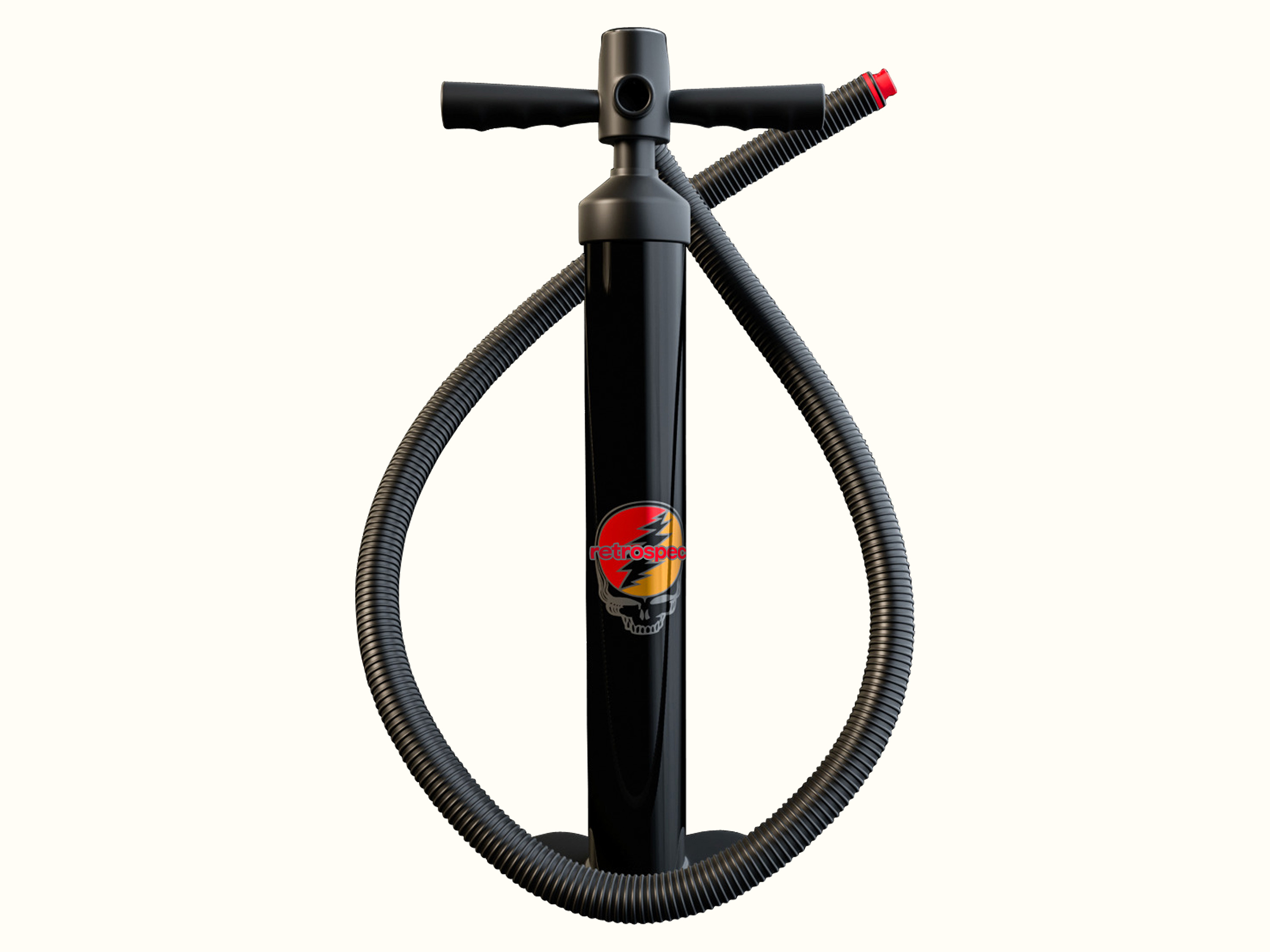 A sleek black floor pump with a hose, featuring the Grateful Dead iconic 