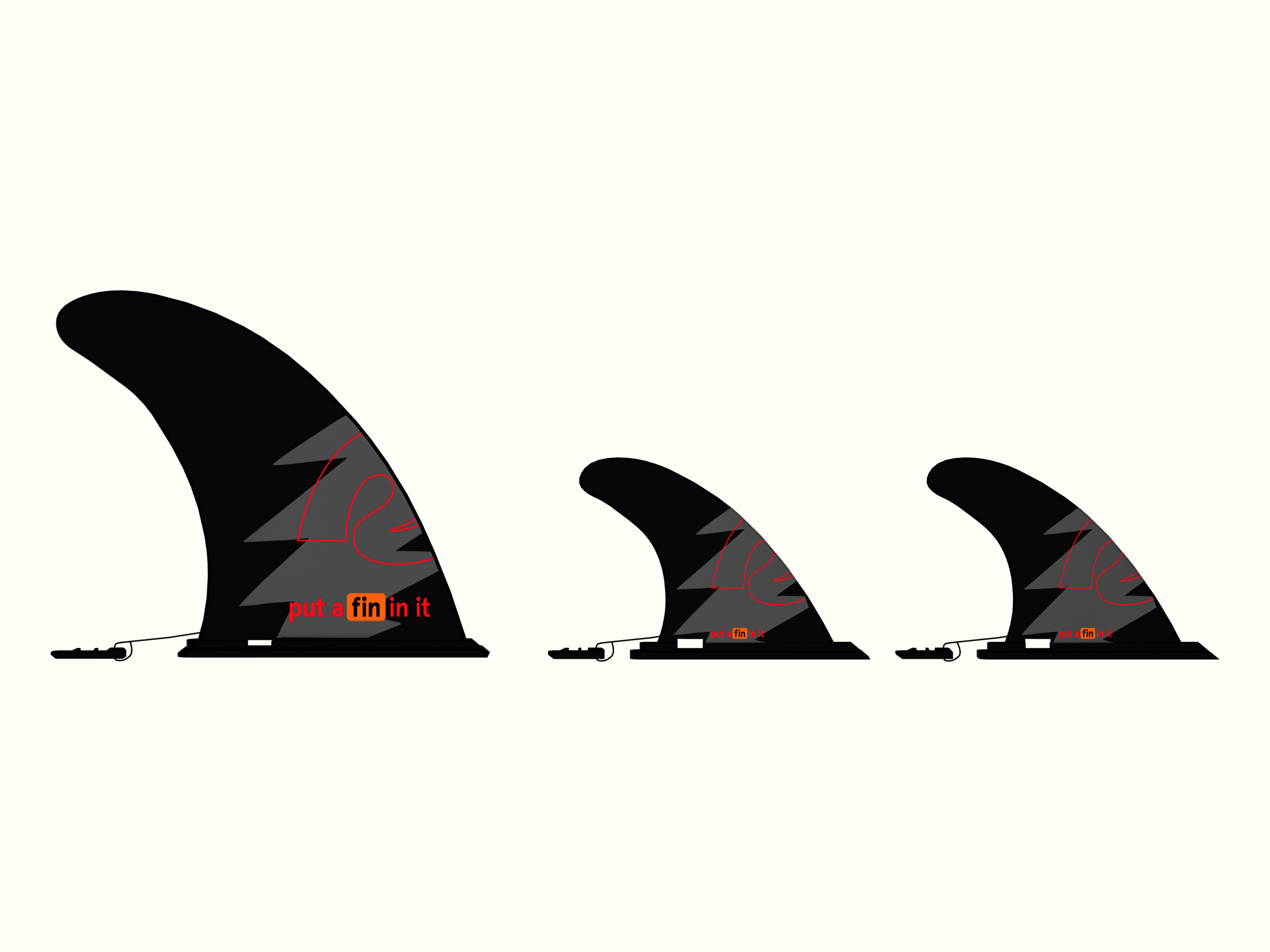 Three fins of varying sizes, featuring a grey lightening bolt design with a red graphic that says 