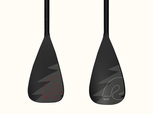 Two black paddles displayed side by side, labeled 'front' in red and 'back' in gray, showcasing a sleek design.