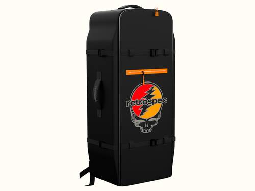 A tall, black storage bag featuring the "retrospec" logo with the Grateful Dead "Steal Your Face" or "SYF" skull and lightning design, equipped with straps for easy carrying.