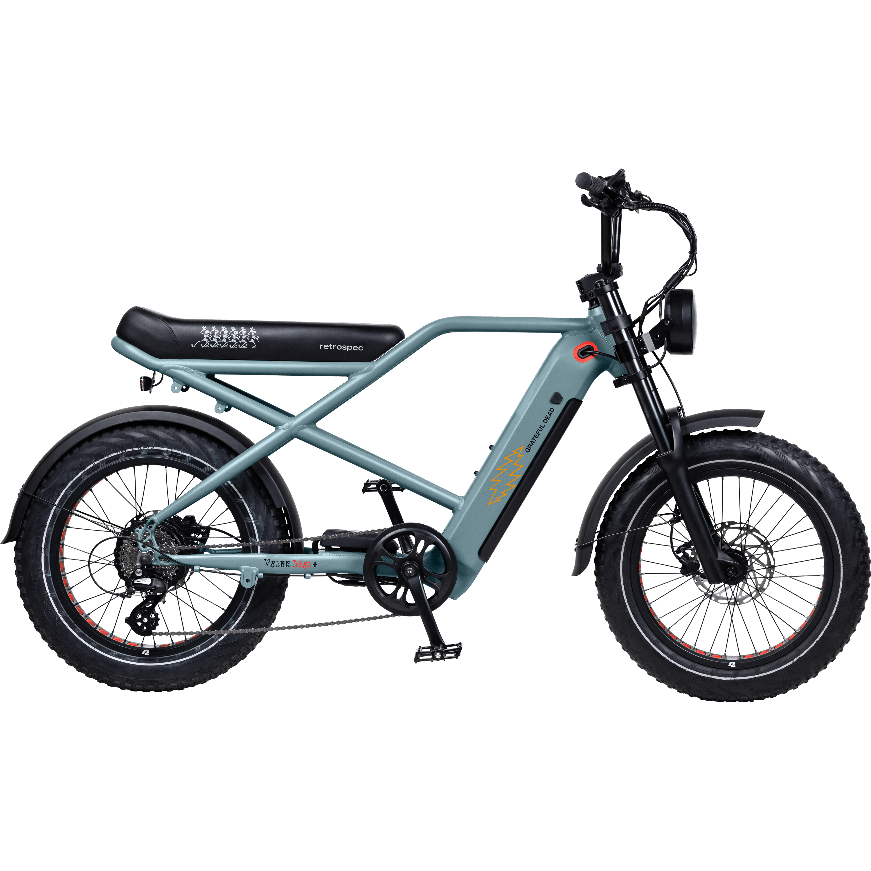 A sleek, blue green electric bike with a retro design, featuring wide tires, a comfortable seat, and modern handlebars.