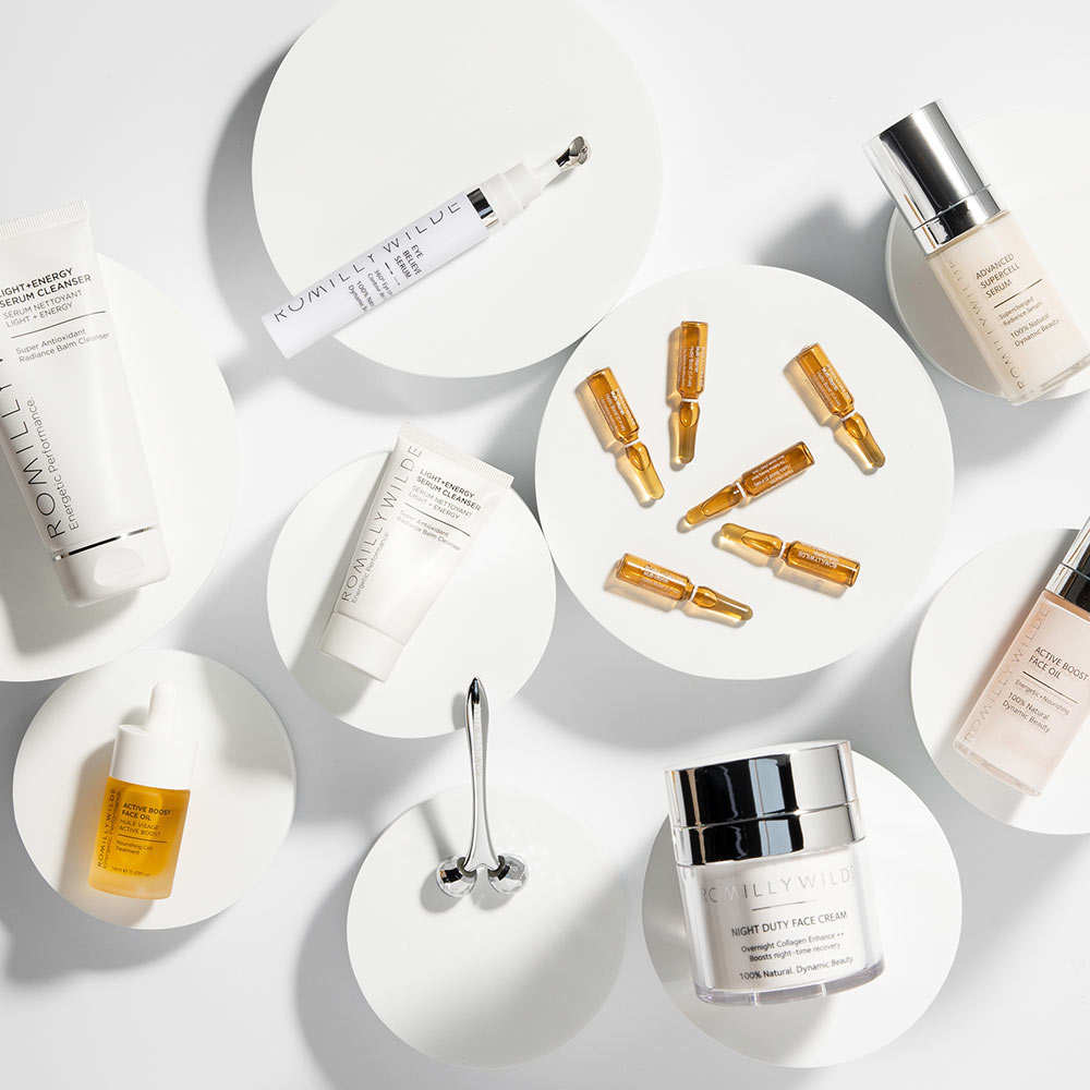 Romilly Wilde Skin-System Skincare Range On White Discs