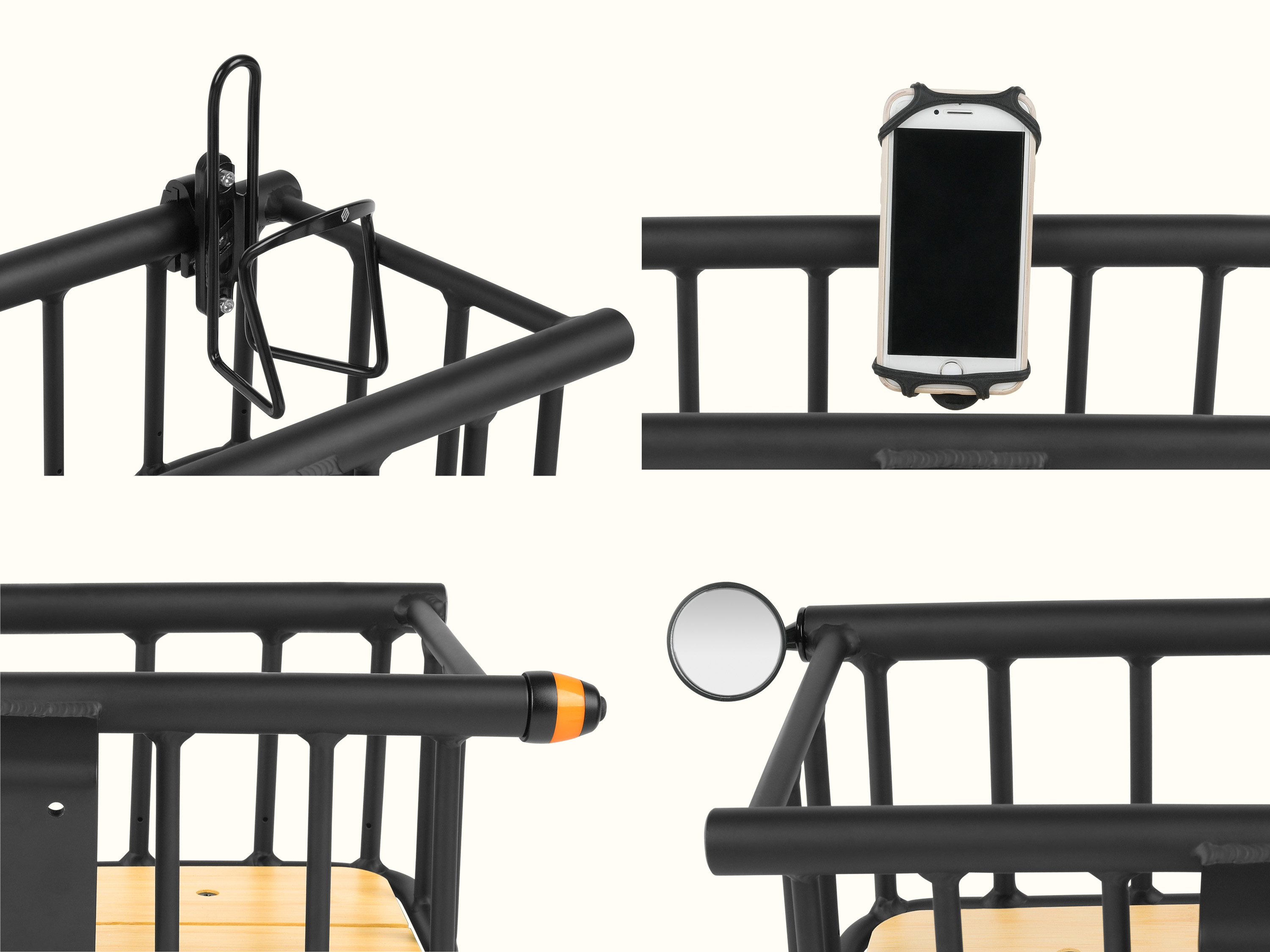 One image including different photographs of the metal ebike basket with various accessories attached; a water bottle holder, a cell phone holder, a bar end cap and bar end mirror.