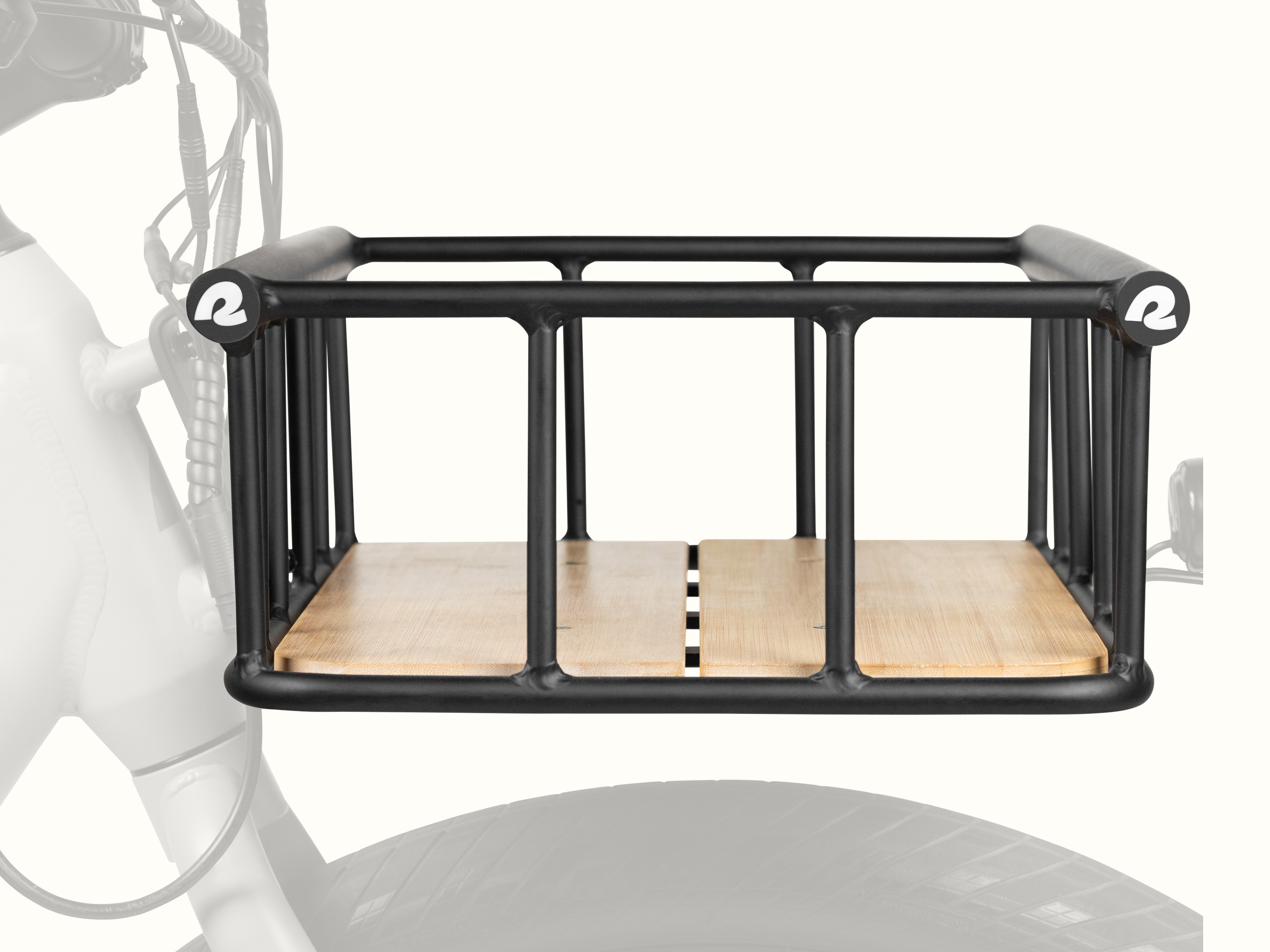 A black metal ebike front basket with  