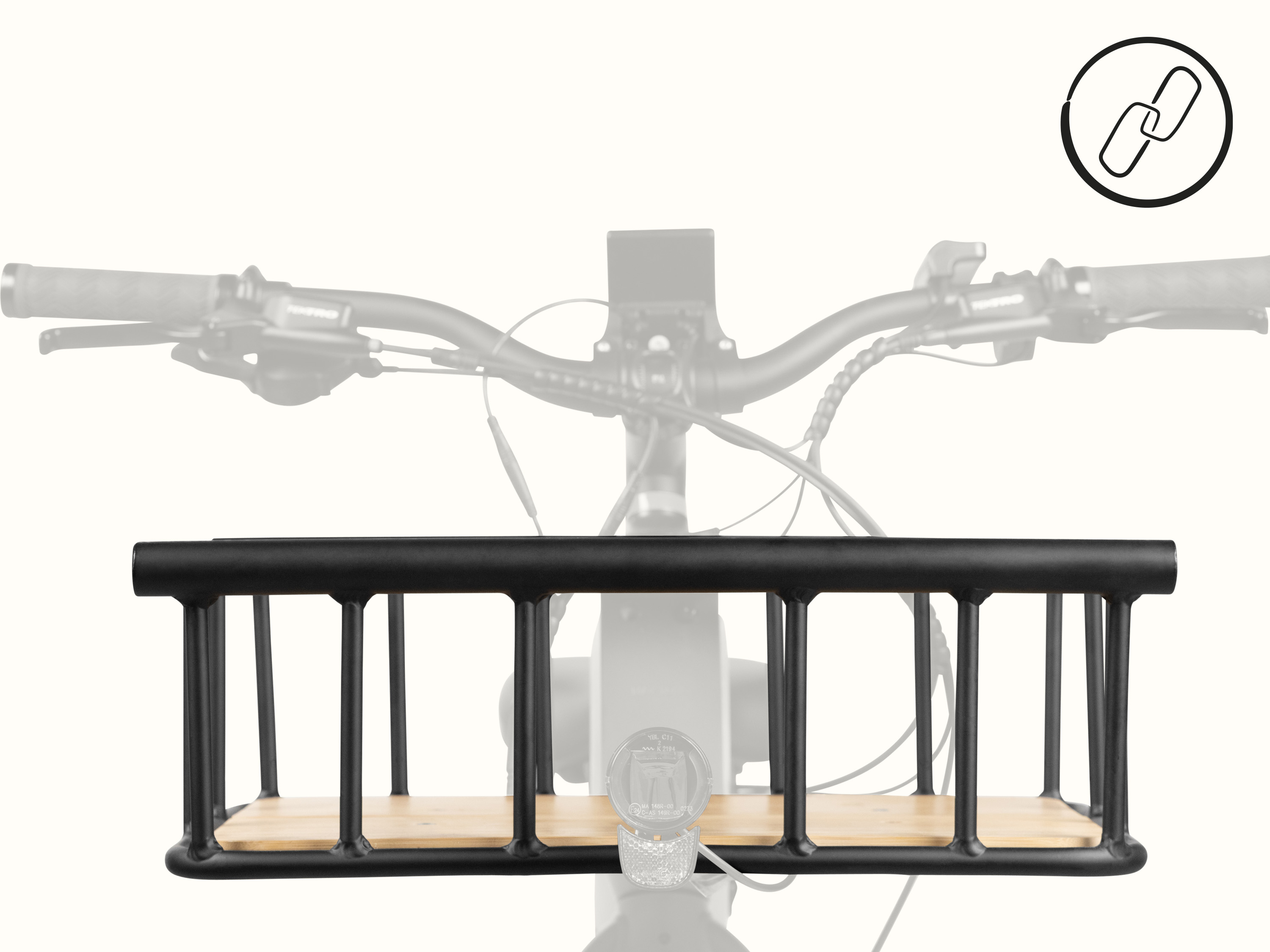 A front view of a black metal ebike front basket with a wooden base attached to an ebike.