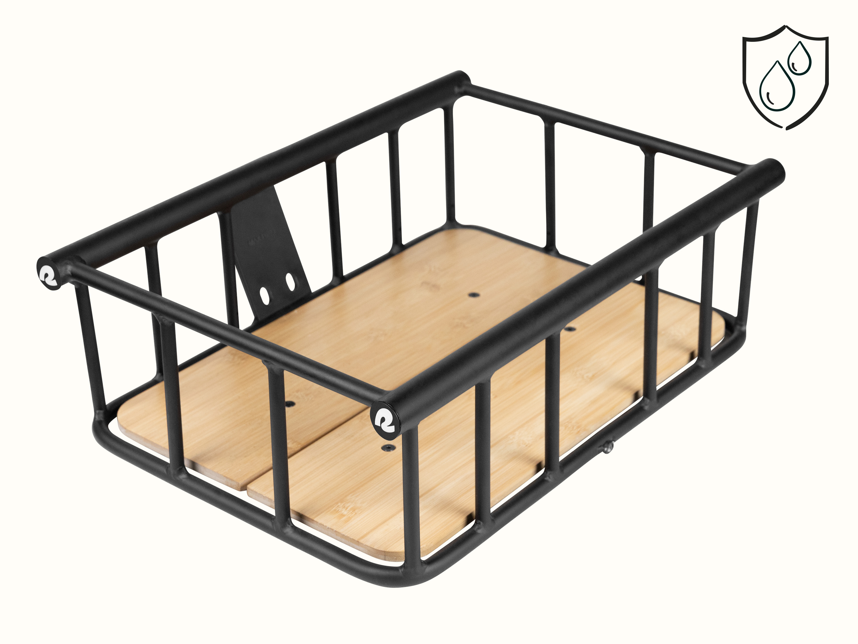 A black metal ebike basket with a wooden base and water droplets inside of a security badge icon beside it.