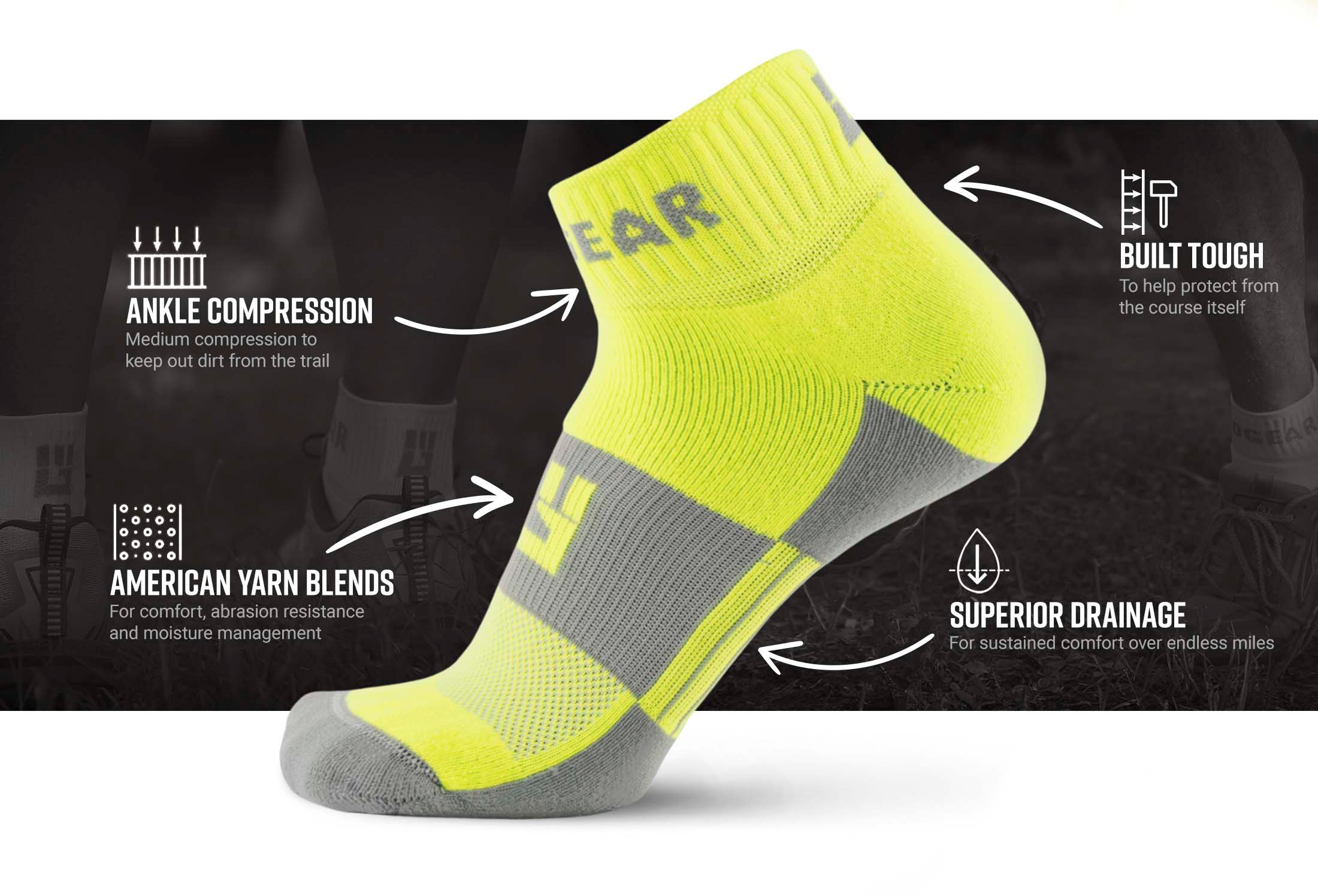 Infographic of MudGear Quarter (¼) Crew Socks - Neon Yellow (2 pair pack)