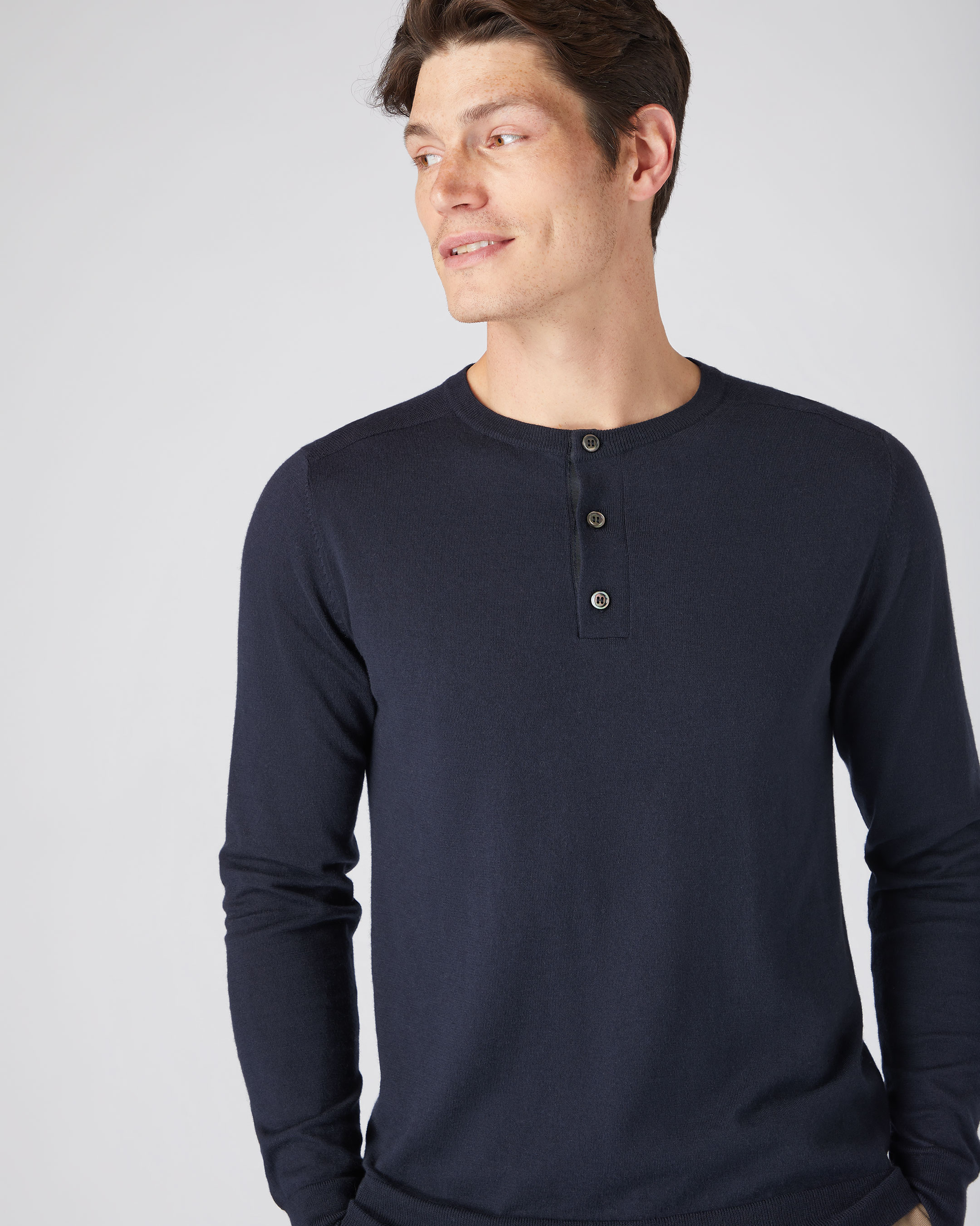 Men s Round Neck Cotton Cashmere Henley Navy Blue N.Peal