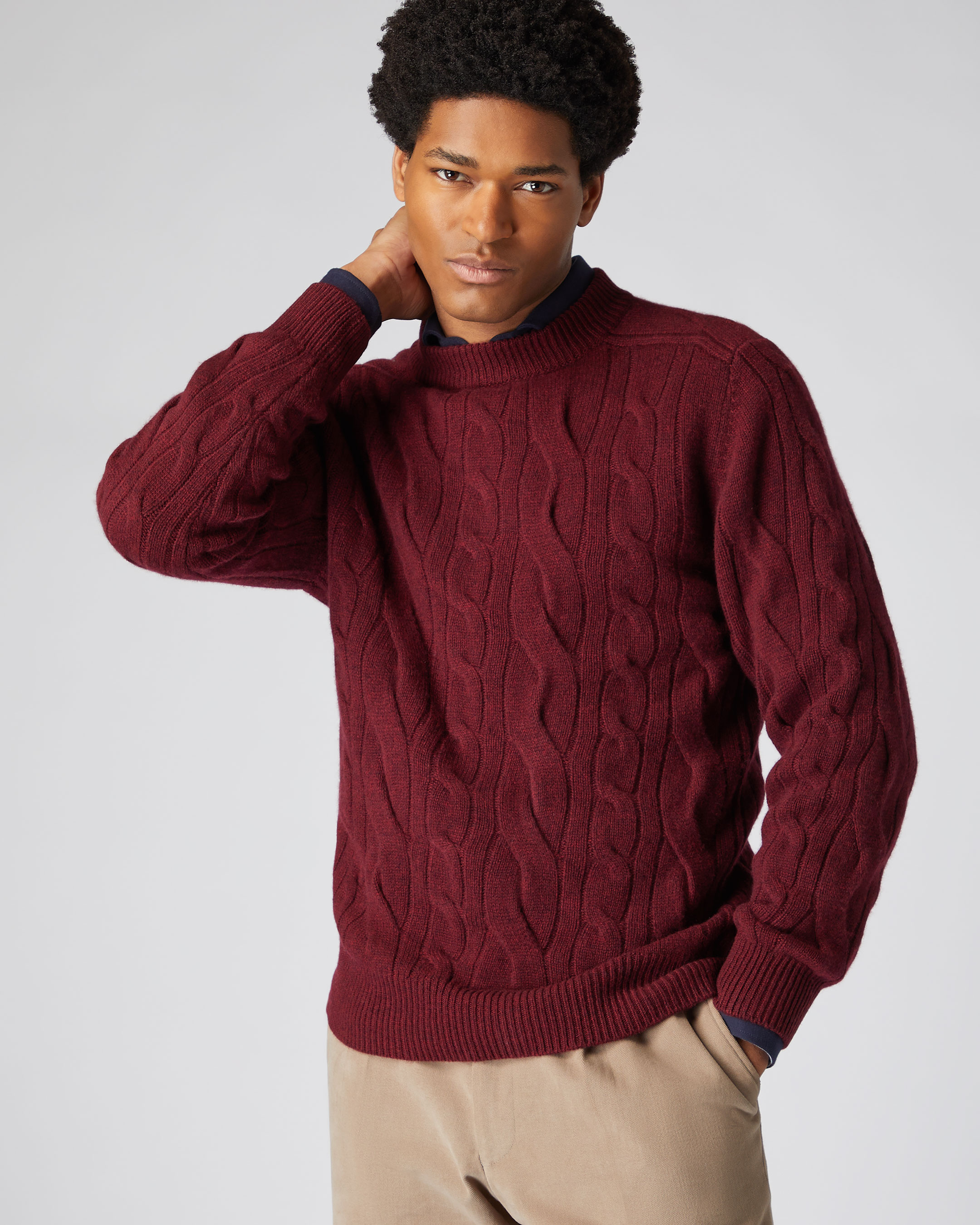 Men's Mutli Cable Round Neck Cashmere Sweater Shiraz Melange Red