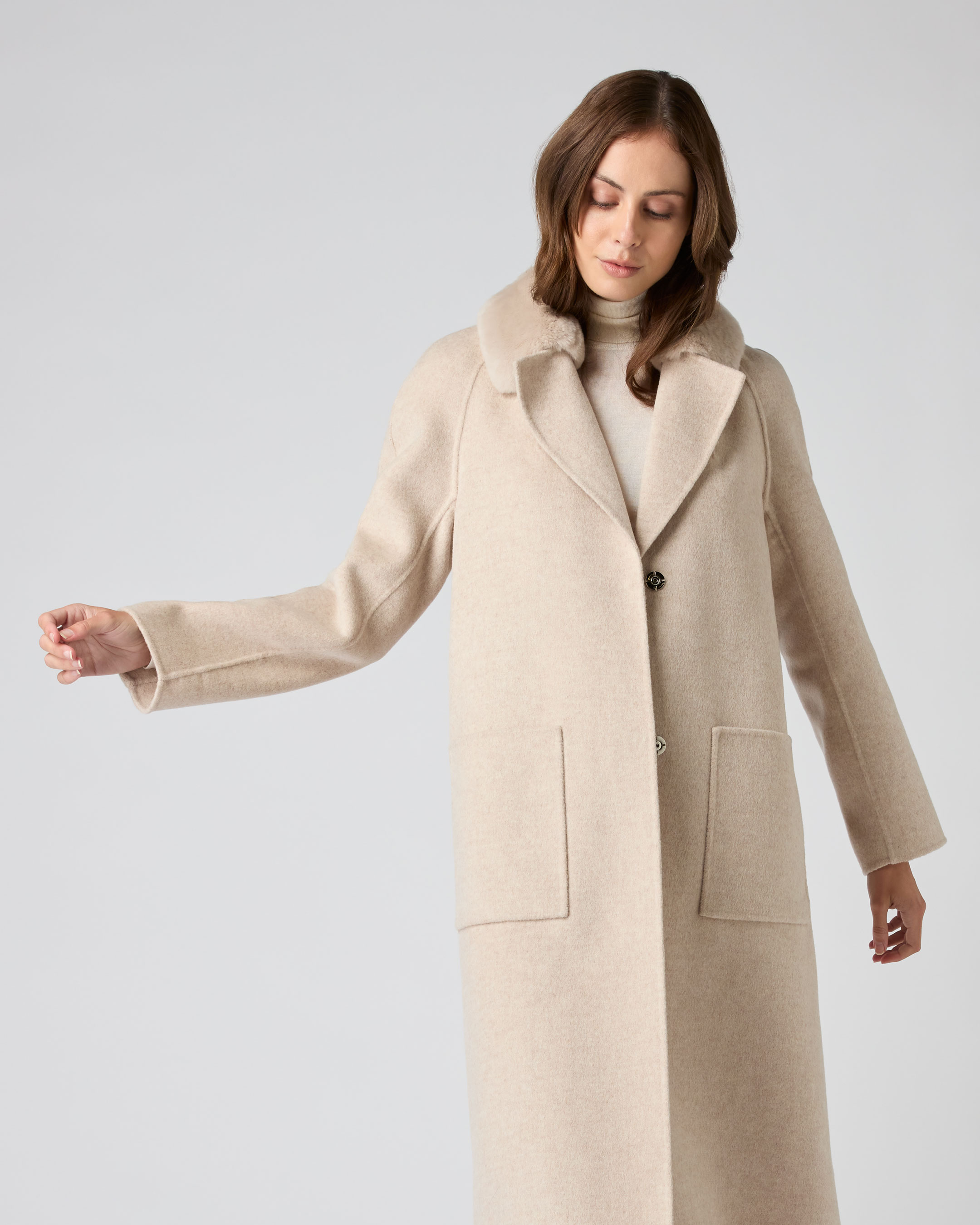 Women's Fur Collar Woven Cashmere Coat Beige Brown | N.Peal