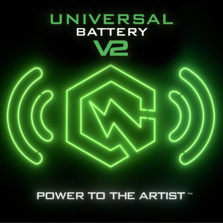Green neon text and symbols, reading "Universal Battery V2" and "Power to the Artist".
