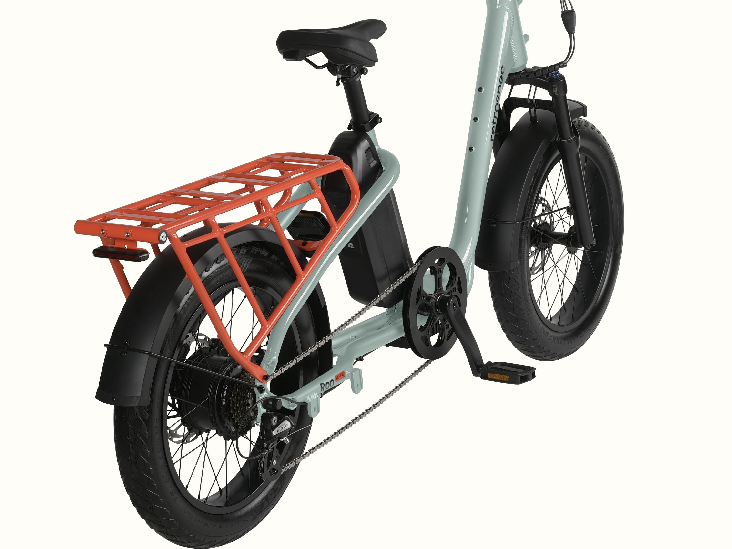 The Roo Rev XL Cargo Electric in Mint with an orange rear rack, fenders, and black tires.