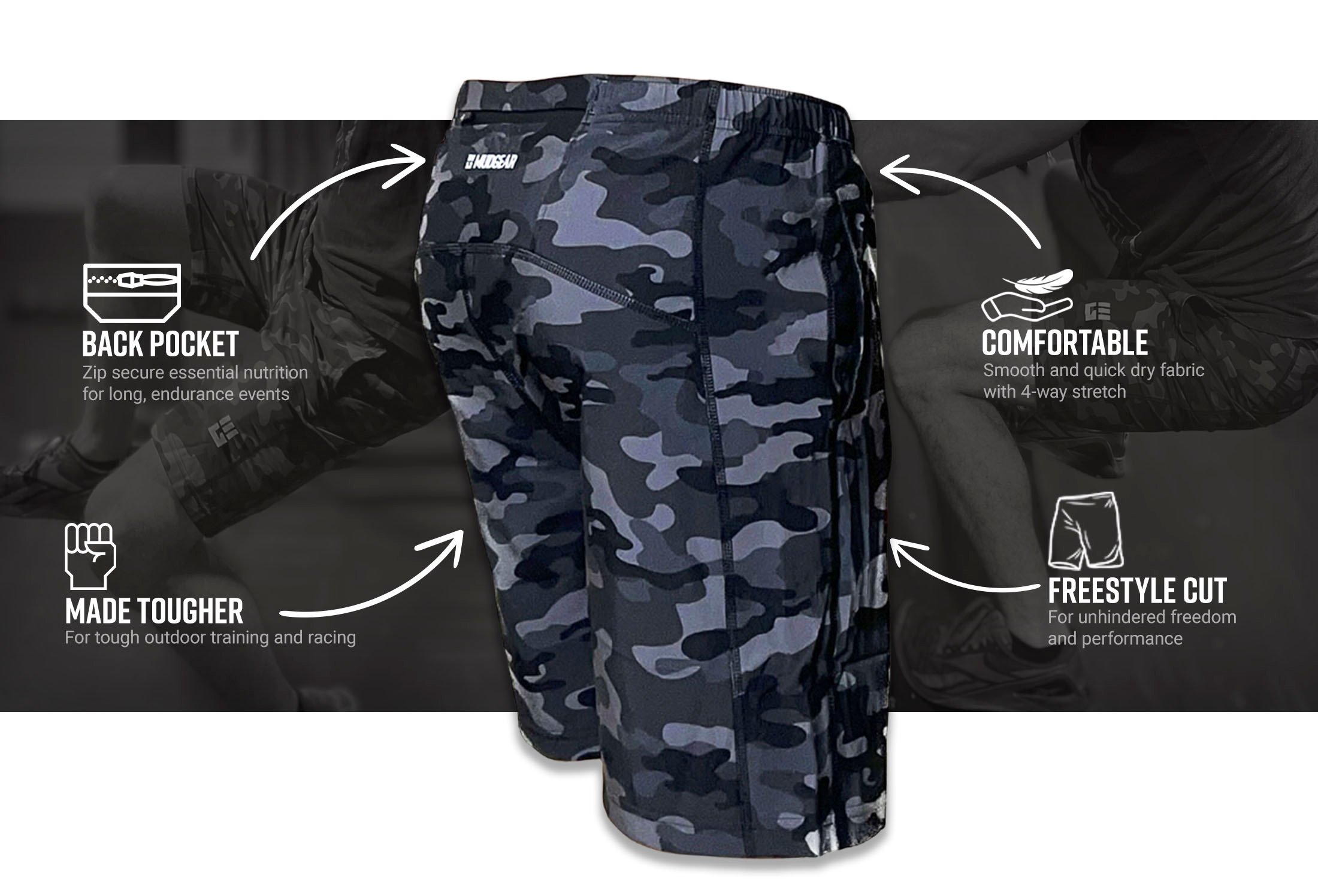 Infographic of Men's Freestyle Running Shorts (Black/Gray Camo)