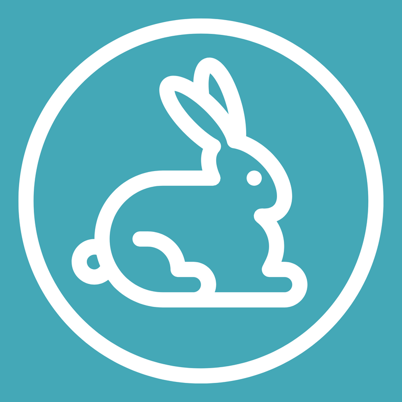 Line drawn rabbit inside a white circle on a teal background