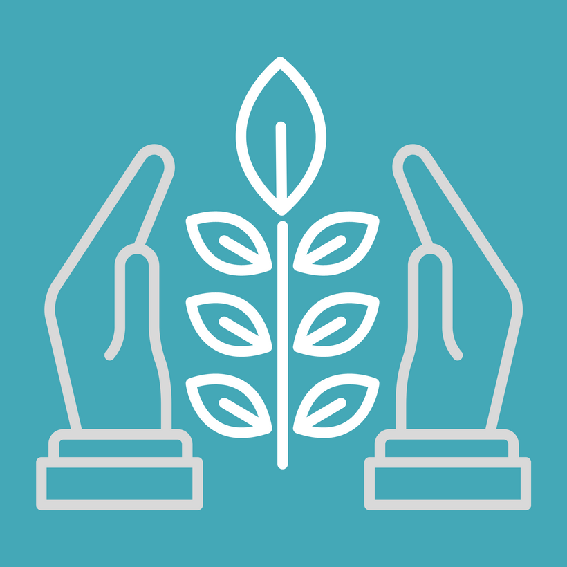 A line drawn plant between two upright hands on either side protecting the plant.  On a teal background
