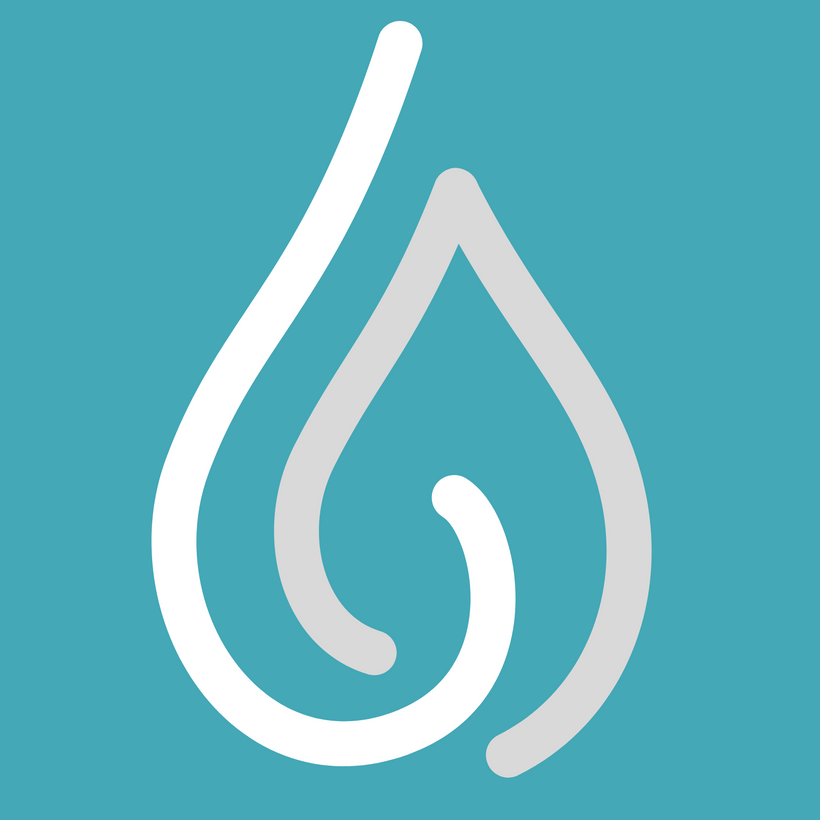 A line drawn droplet image with intertwined white and grey drawn lines on a teal background 