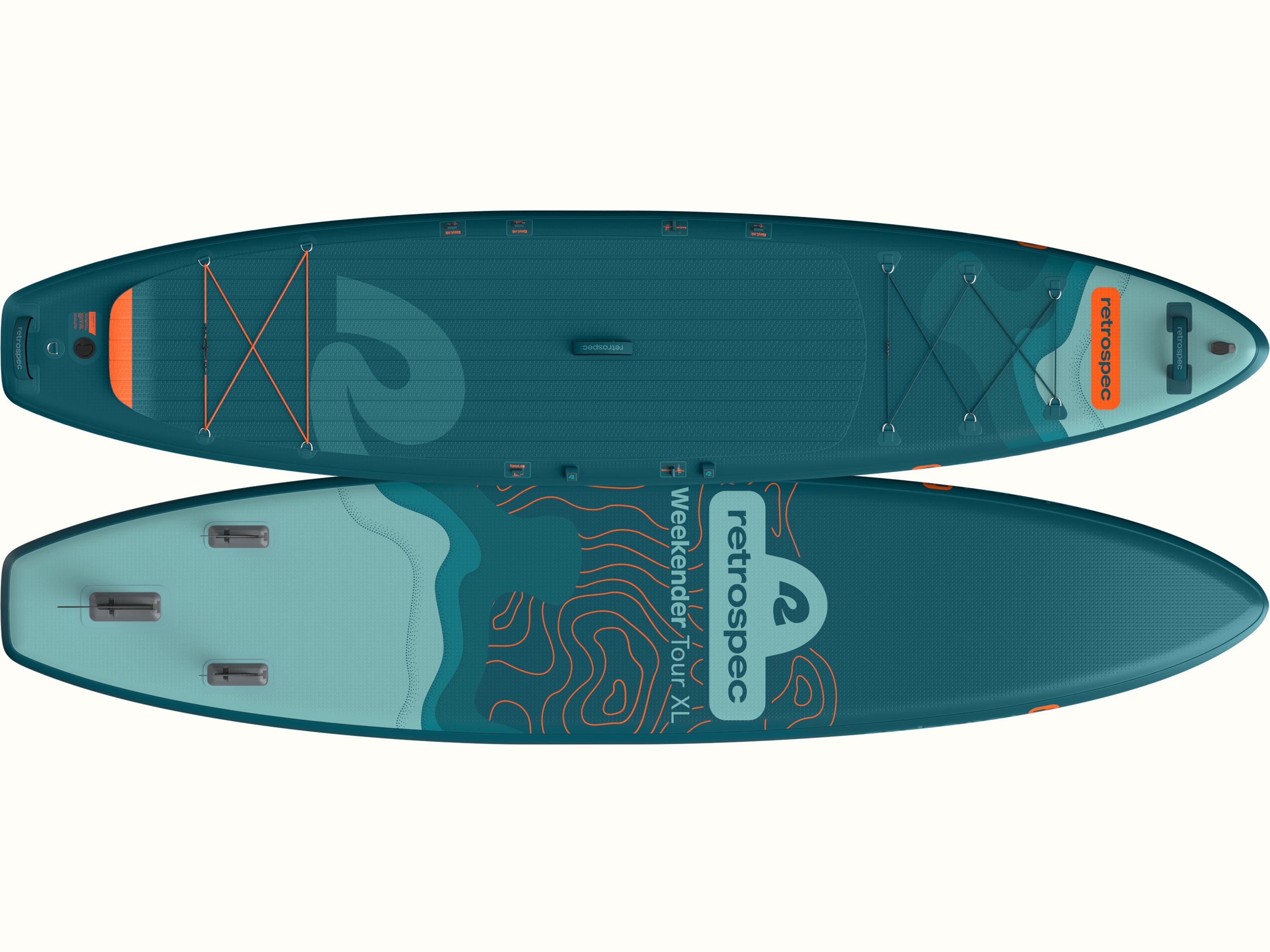 A top and bottom view of the Weekender Tour XL Inflatable Paddle Board featuring a teal and orange design.