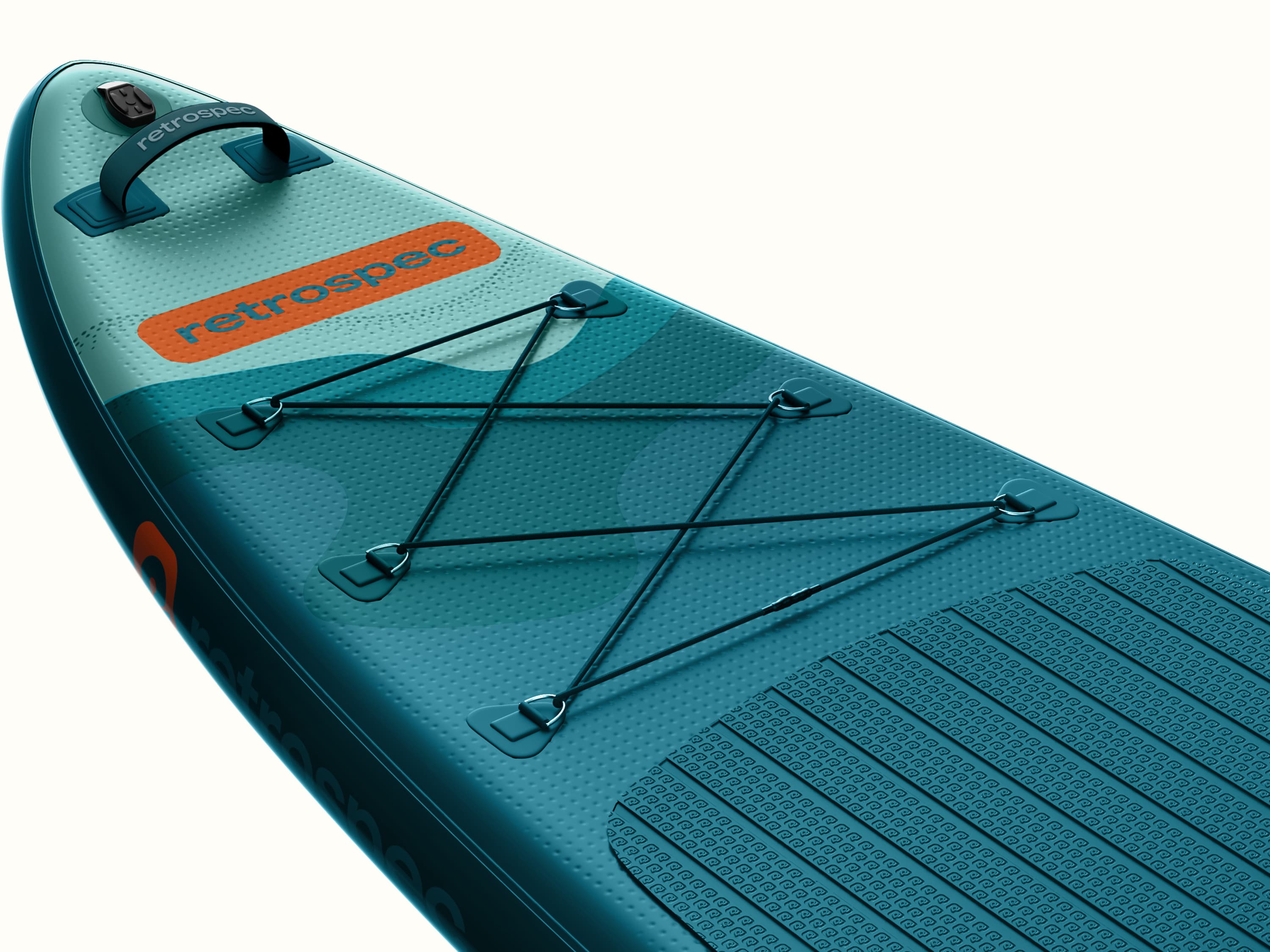 A close-up of the nose of the Weekender Tour XL Inflatable Paddle Board with a 6-point bungee for storage and handle.
