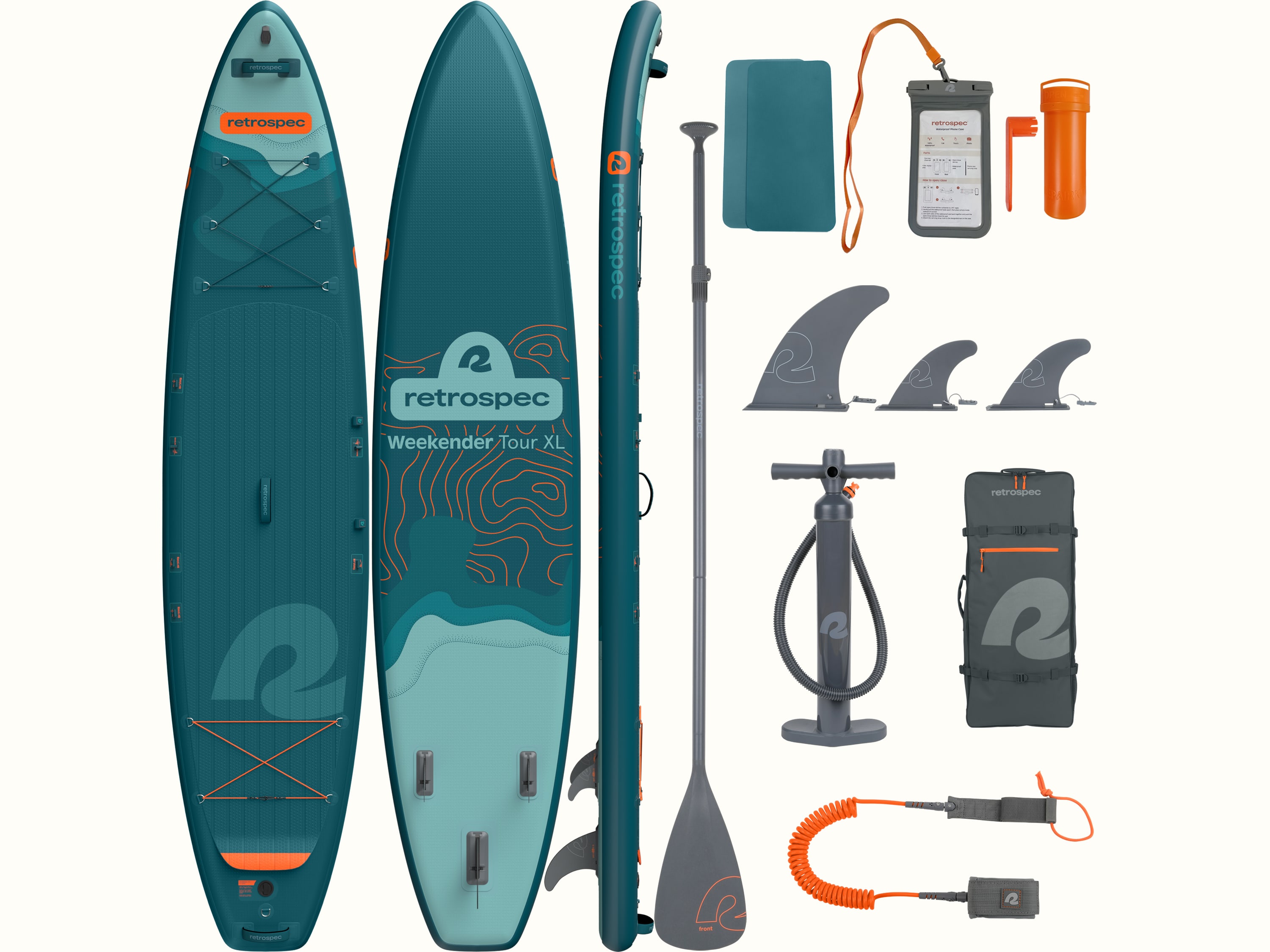 The front, back and side of the Weekender Tour XL Inflatable Paddle Board with the included accessories; paddle, fins, leash, waterproof phone case, floor pump, carry backpack, patches and repair kit.