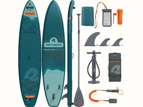 The front, back and side of the Weekender Tour XL Inflatable Paddle Board with the included accessories; paddle, fins, leash, waterproof phone case, floor pump, carry backpack, patches and repair kit.