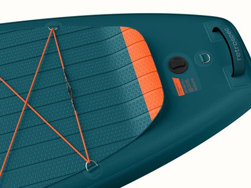 A close up of the tail and heel stand on the Weekender Tour XL Inflatable Paddle Board.