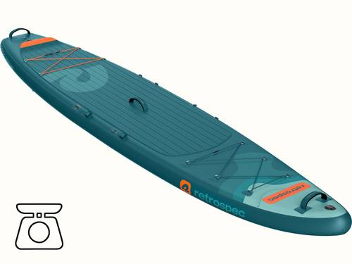 The Weekender Tour XL Inflatable Paddle Board in blue with orange accents.