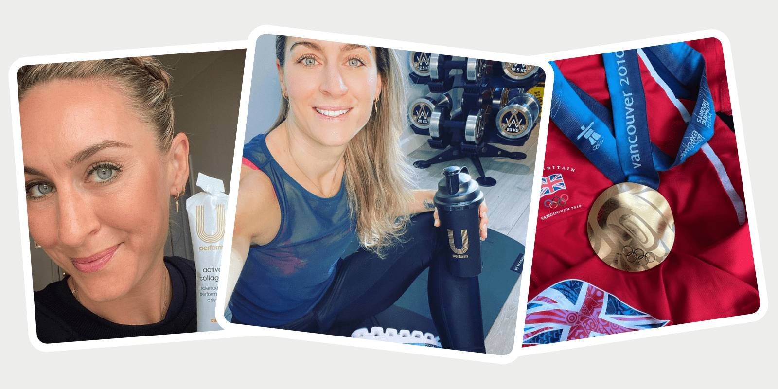 photo collage showing Amy Williams MBE OLY with U Perform Active Collagen and Shaker Bottle in a gym studio environment and a flat lay of an Olympic Gold medal