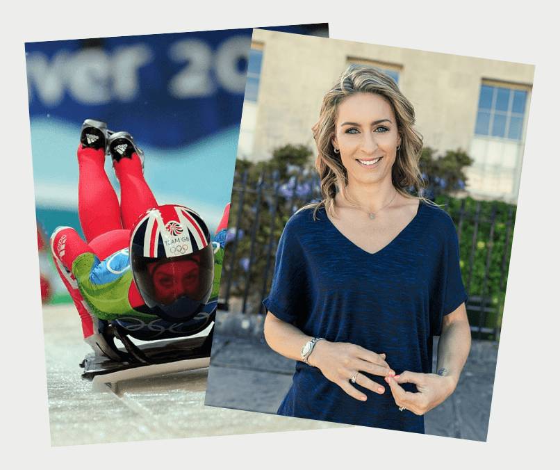 Image collage showing Amy Williams MBE OLY pictured taking part in the 2010 Olympic Winter Games Skeleton event and standing in front of a building for a professional portrait photograph