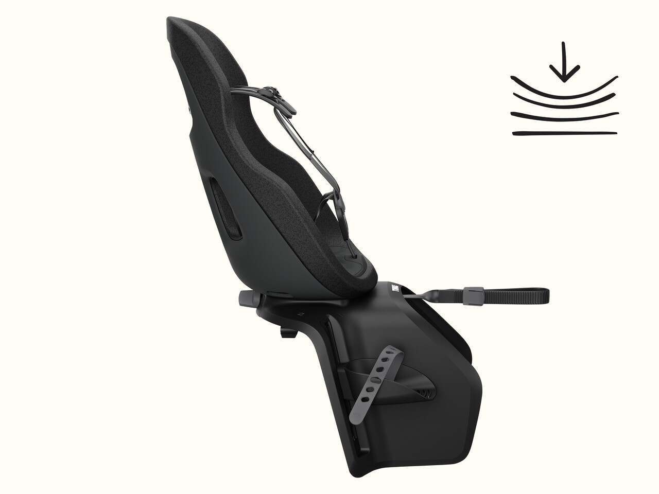 A profile view of the Thule Yepp Nexxt 2 Maxi Child Bike Seat in black on a white background.
