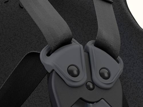 A close-up of the Thule Yepp Nexxt 2 Maxi Child Bike Seat's safety harness and buckle.