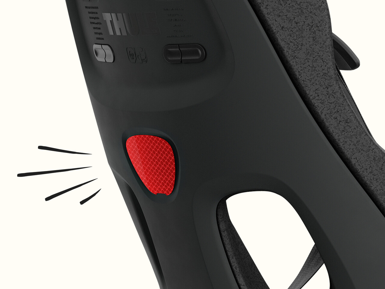 A close-up of the Thule Yepp Nexxt 2 Maxi Child Bike Seat rear featuring a red built-in reflector.