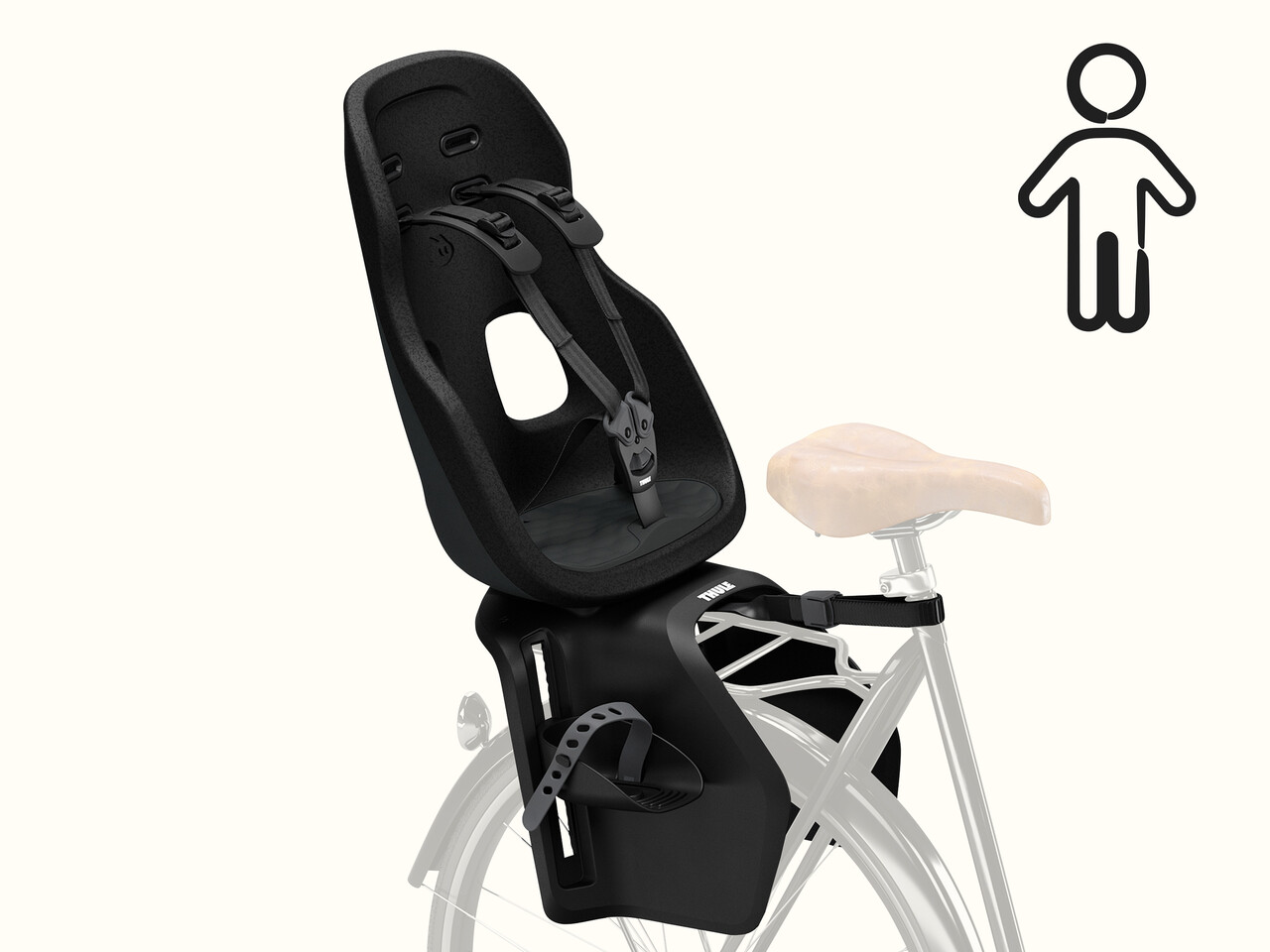 The Thule Yepp Nexxt 2 Maxi Child Bike Seat mounted onto the rear rack of a bike.
