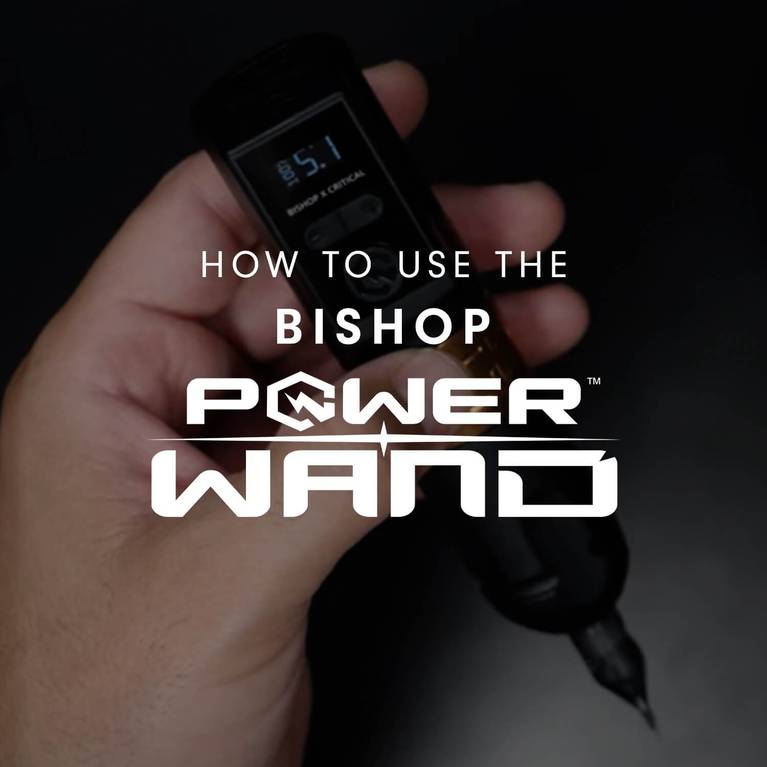 Hand holding a tattoo machine with digital display, text overlay reads “How to use the Bishop Power Wand”.