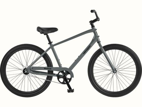 Sleek gray retrospec Montauk cruiser bike with black saddle, wide tires, and single-speed chain drive on a white background.