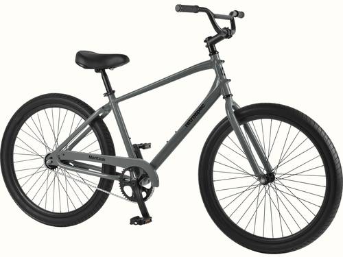 Sleek gray retrospec Montauk cruiser bike with black saddle, wide tires, and single-speed chain drive on a white background.