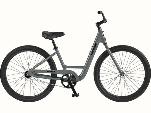 retrospec Montauk step through cruiser bike in Graphite with a step-through frame, black saddle, and single-speed drivetrain, shown in a full side profile on a clean white background.