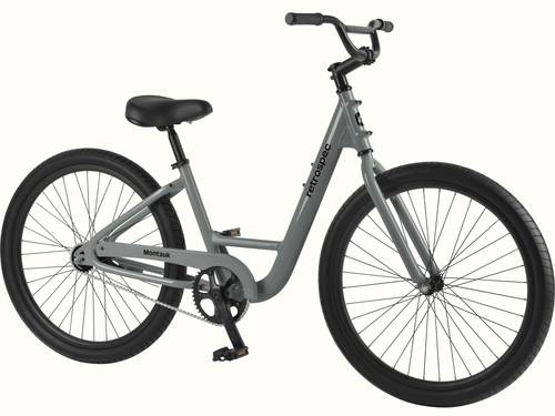 retrospec Montauk Step Through cruiser bike in Graphite with a step-through frame, black saddle, and single-speed drivetrain, shown in a full side profile on a clean white background.