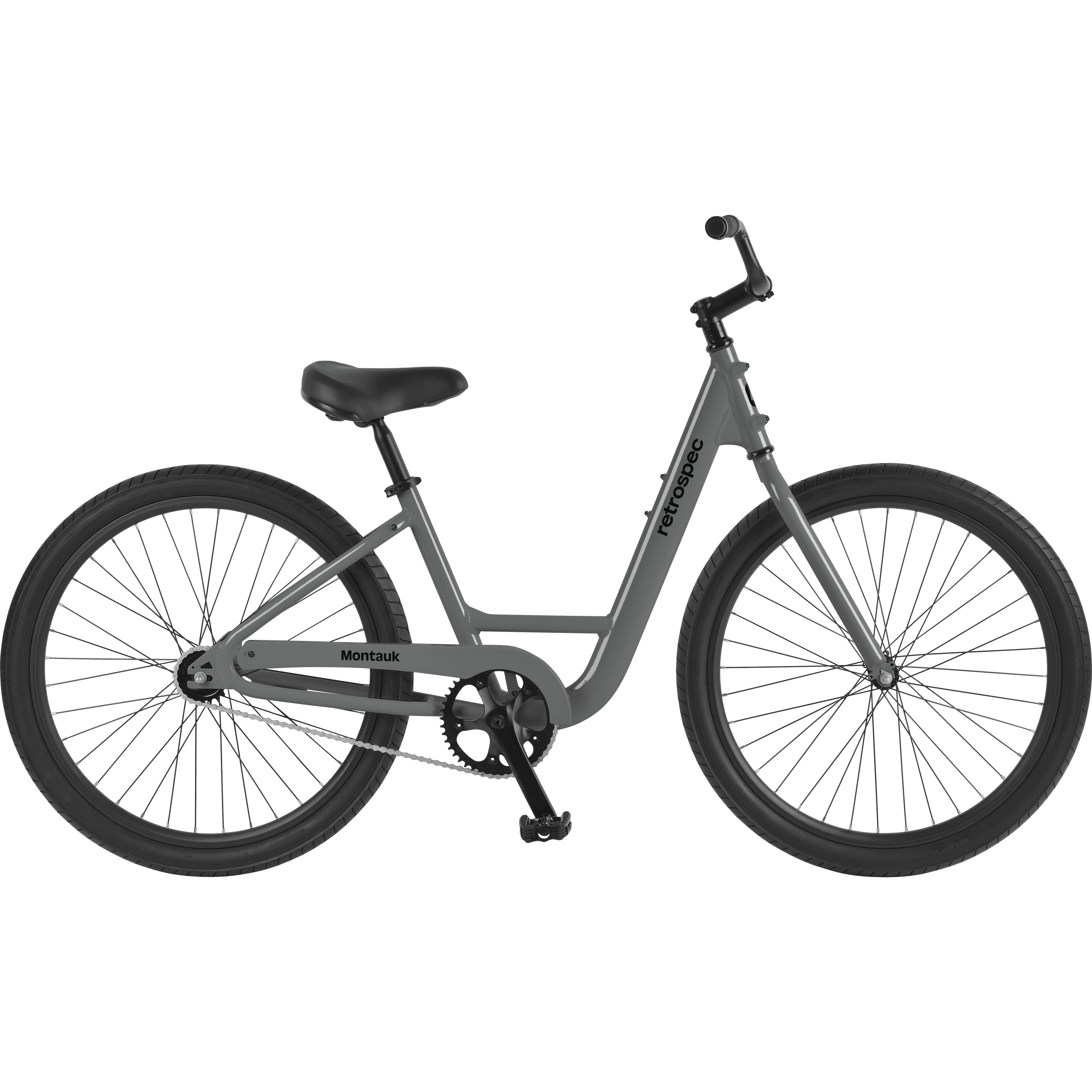 Retrospec Montauk ST cruiser bike in Graphite with a step-through frame, black saddle, and single-speed drivetrain, shown in a full side profile on a clean white background.