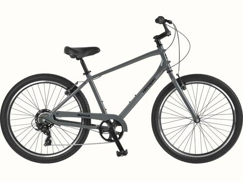 retrospec Montauk 26 7-Speed Comfort Bike in Graphite, full side view showing the low-step aluminum frame, wide tires, upright handlebar, and cushioned saddle, ready for casual rides and everyday adventures.
