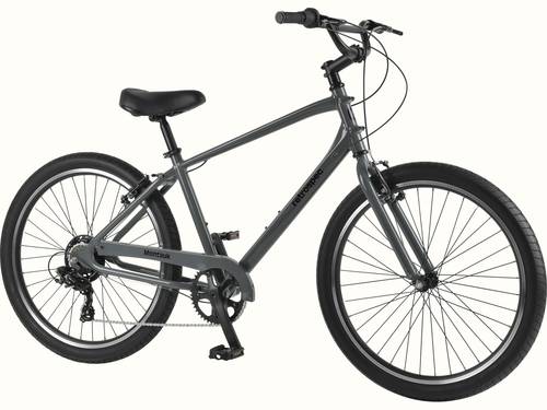 retrospec Montauk 26 7-Speed Comfort Bike in Graphite, full side view showing the low-step aluminum frame, wide tires, upright handlebar, and cushioned saddle, ready for casual rides and everyday adventures.