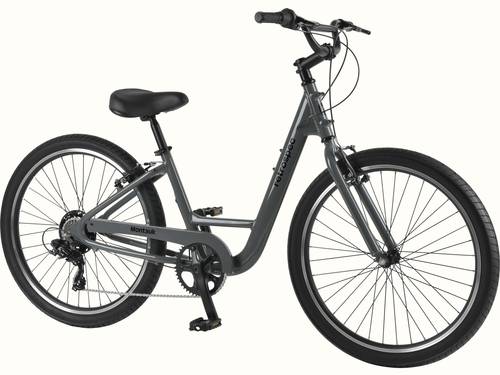retrospec Montauk 26 7-Speed Step-Through Comfort Bike in Graphite, full side view showing the low-step aluminum frame, wide tires, upright handlebar, and cushioned saddle, ready for casual rides and everyday adventures.