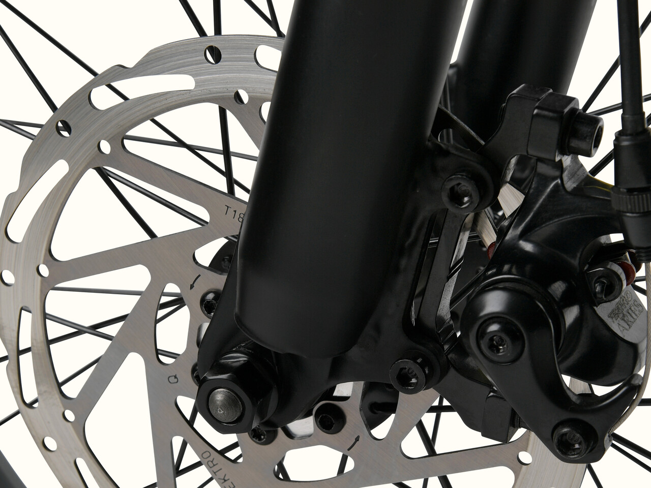 Close-up of a bike's front disc brake system, showcasing the disc, caliper, and fork components.