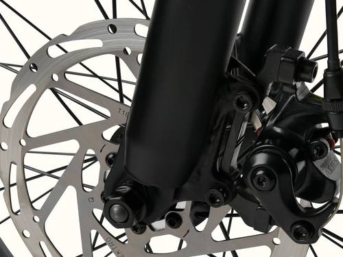 Close-up of a bike's front disc brake system, showcasing the disc, caliper, and fork components.