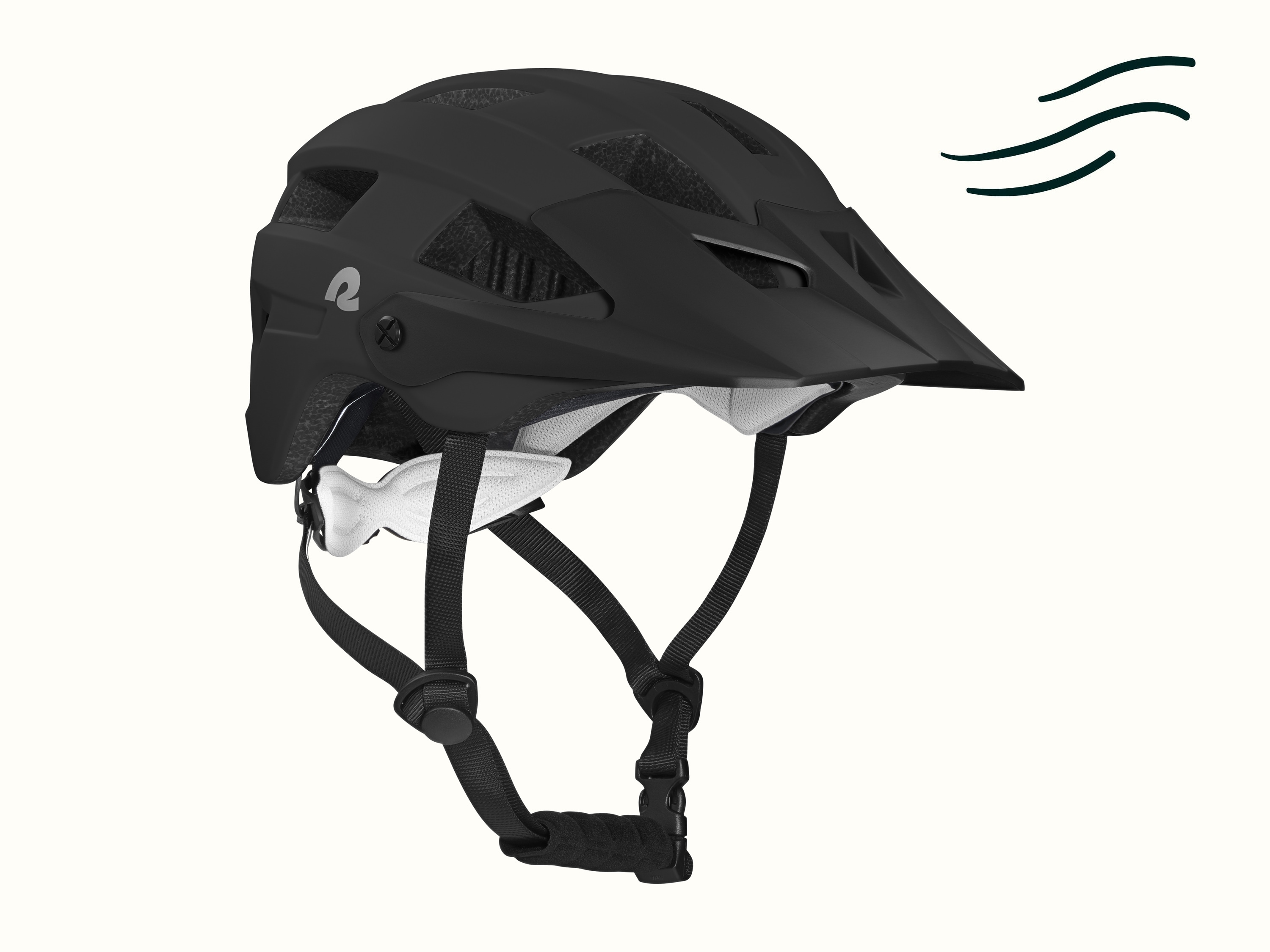 A black kids mountain biking helmet with ventilation slits, adjustable straps, and a visor for enhanced protection and comfort.