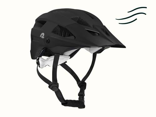 A black kids mountain biking helmet with ventilation slits, adjustable straps, and a visor for enhanced protection and comfort.