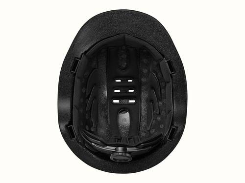 The interior of a black kids mountain biking helmet with ventilation slits and padding.