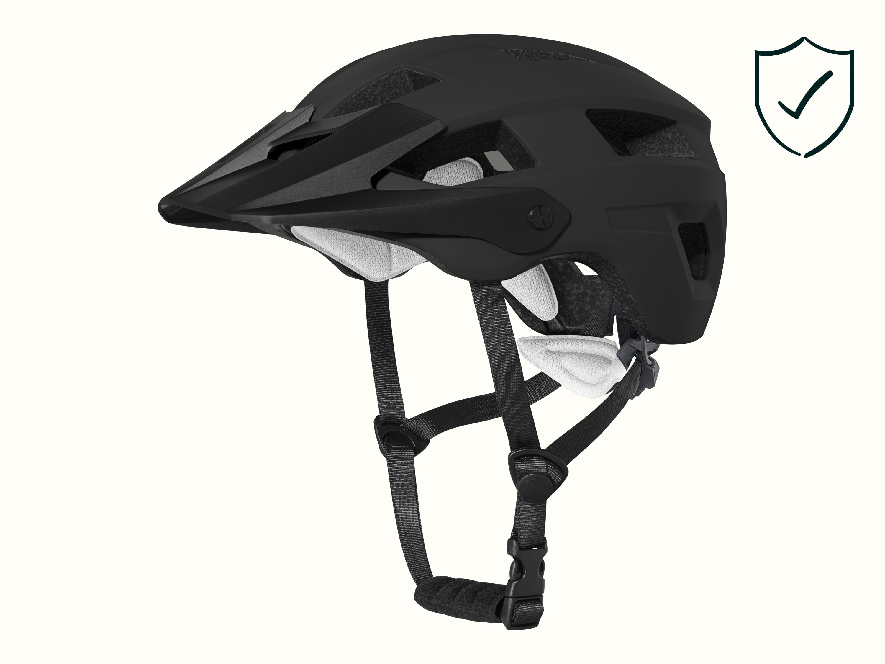 A black kids mountain biking helmet with ventilation slits, adjustable straps, and a visor for enhanced protection and comfort.