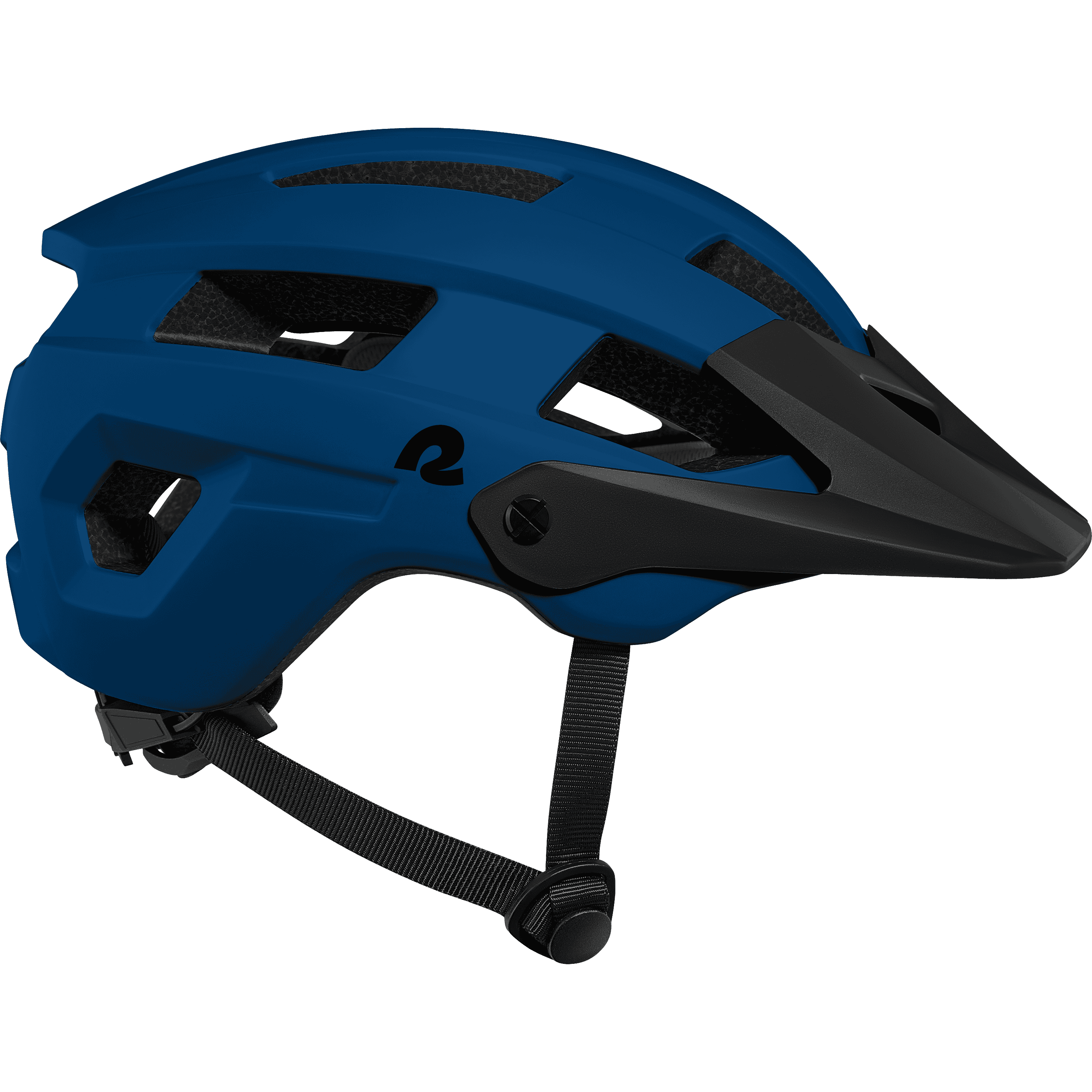 A blue kids mountain bike helmet with a black visor.
