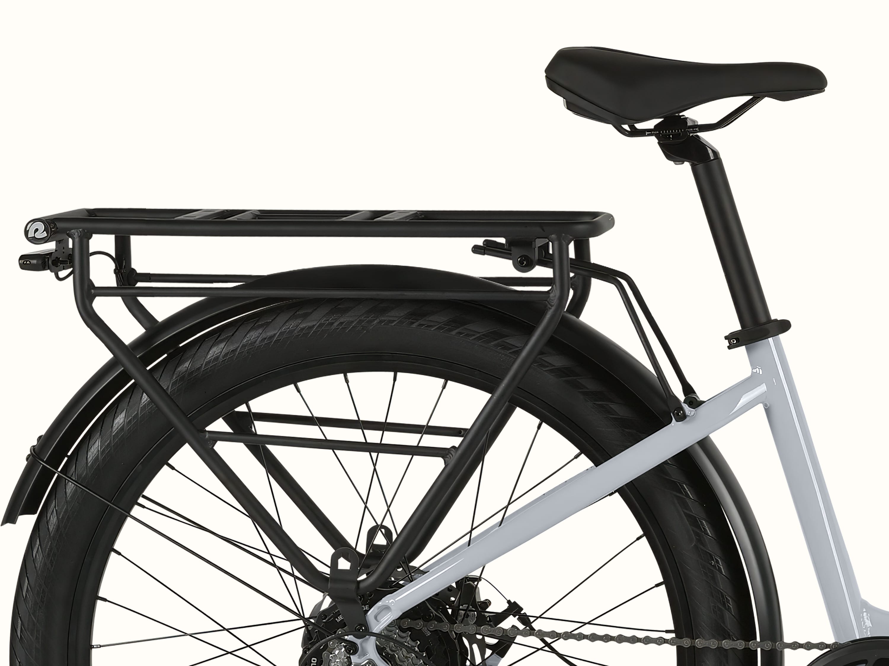 A close-up of the rear rack on the Abbot Rev 2 Step Through Electric Bike.